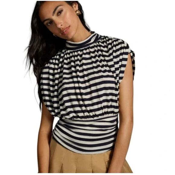 MAEVE by Anthropologie Navy Ivory Striped Ruched Mock Neck Pullover XL - Picture 1 of 8